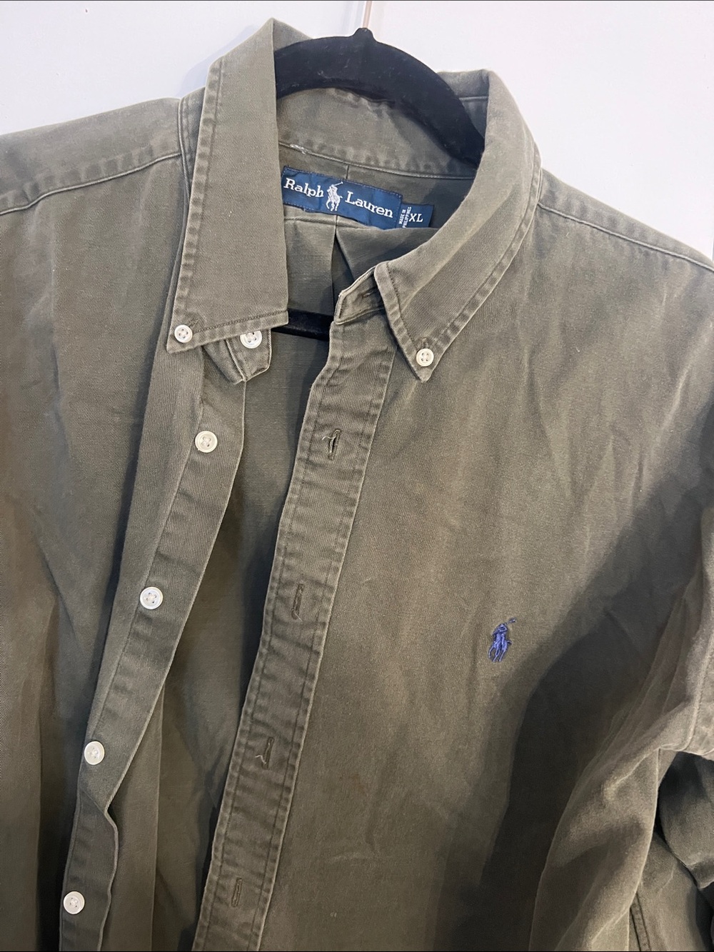 Ralph Lauren Olive Green Button-Down Shirt with Blue Polo Logo